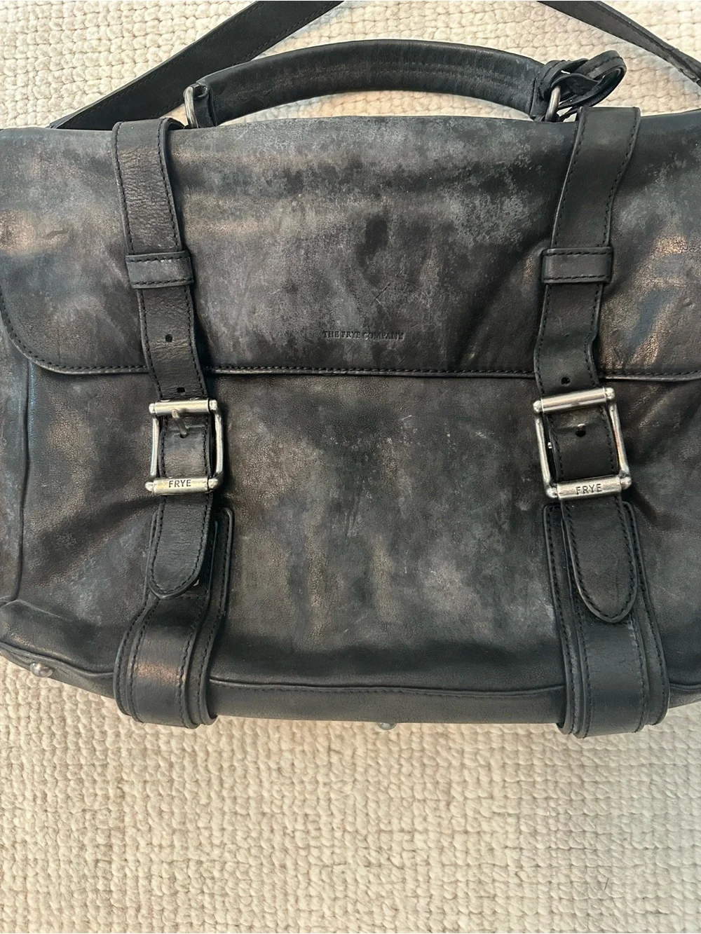 Frye Black Leather Messenger Bag with Buckle Straps